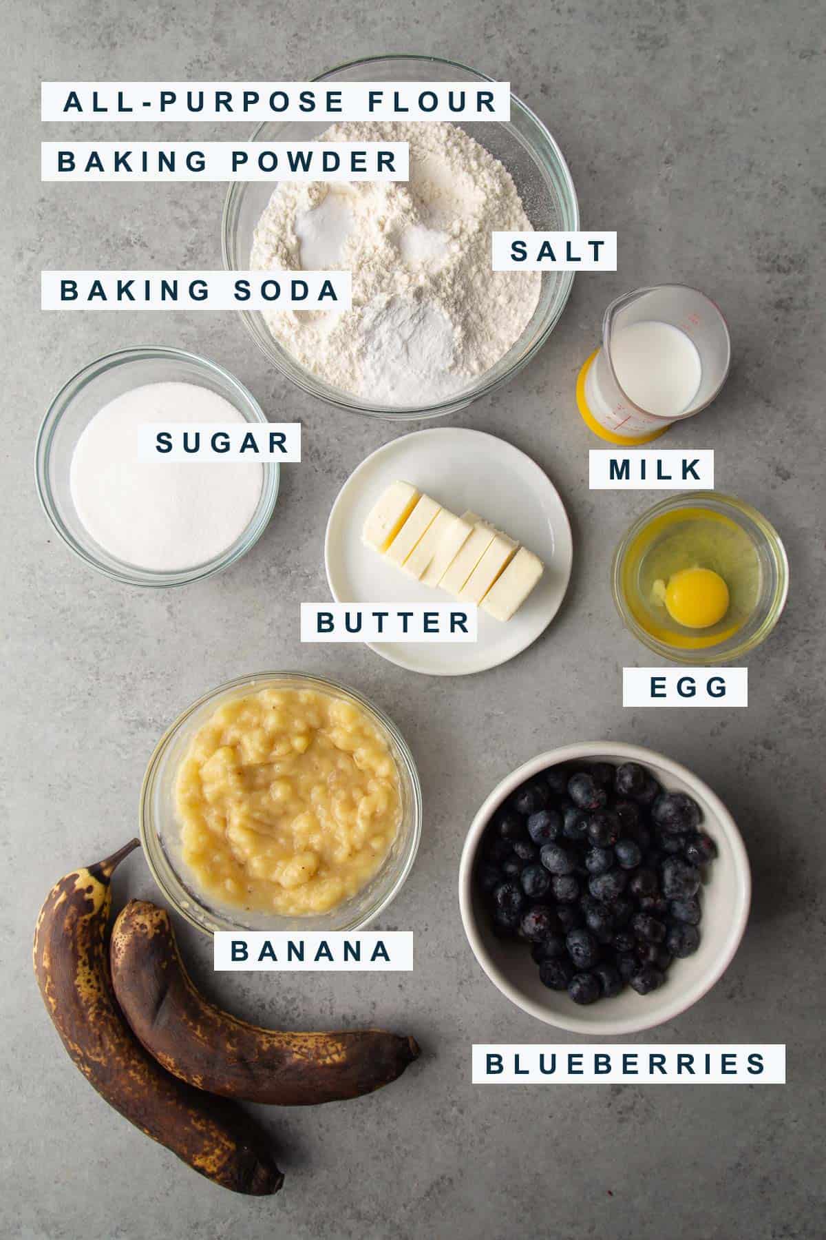 ingredients needed for banana blueberry muffins include flour, butter, sugar, and egg. 