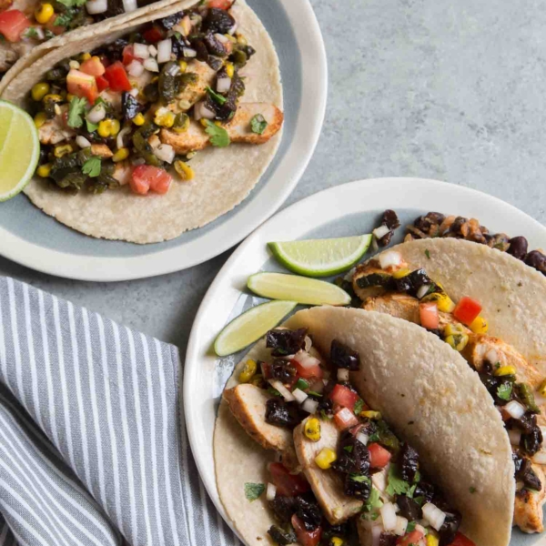 Chicken Tacos with California Prunes Salsa and Refried Black Beans
