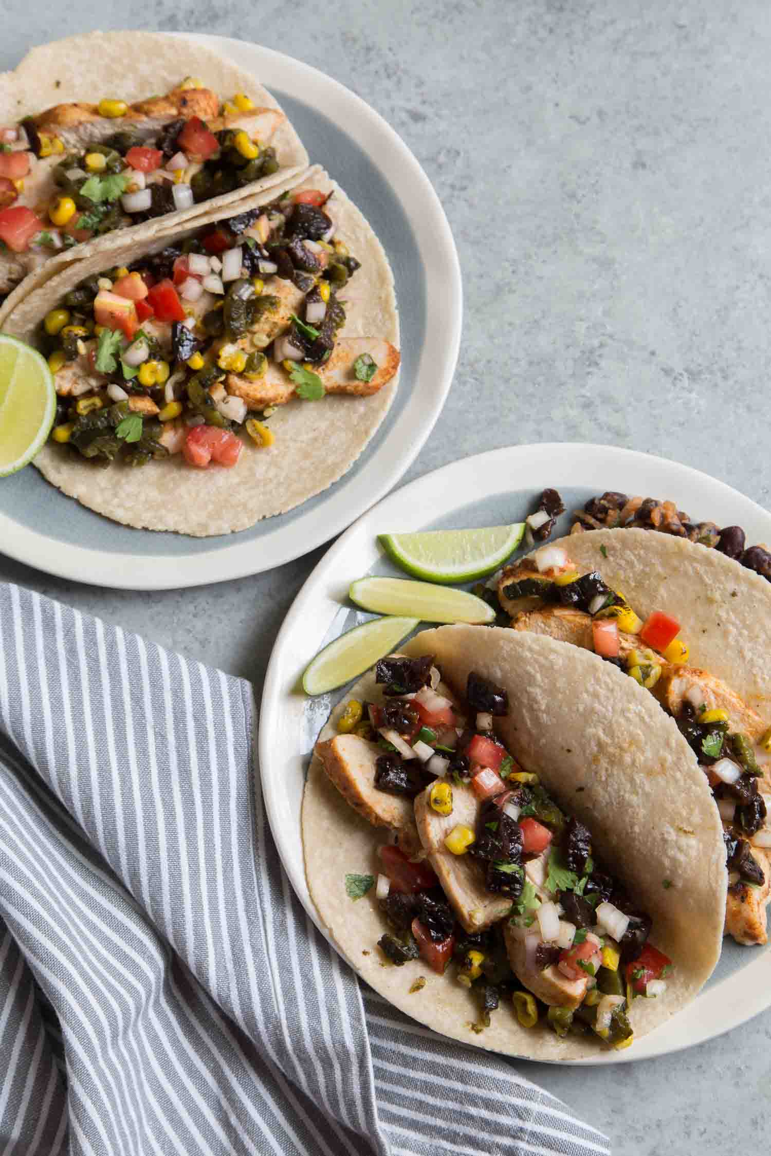 Chicken Tacos with California Prunes Salsa and Refried Black Beans