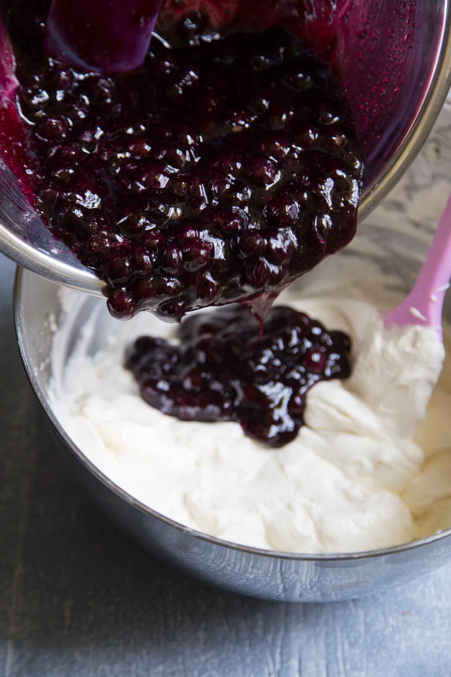blueberry filling poured into cheesecake mixture. 
