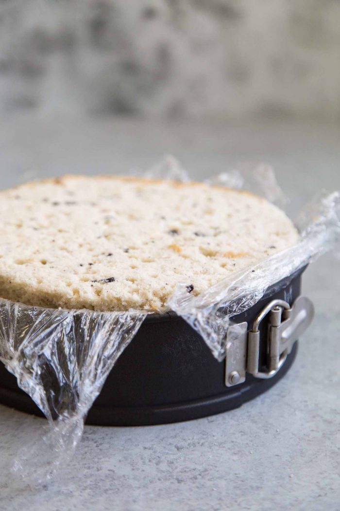 Assembled cookies and cream ice cream cake inside springform pan.