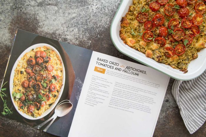 Baked Orzo with Artichokes, Tomatoes, and Halloumi