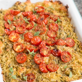 Baked Orzo with Artichokes, Tomatoes, and Halloumi