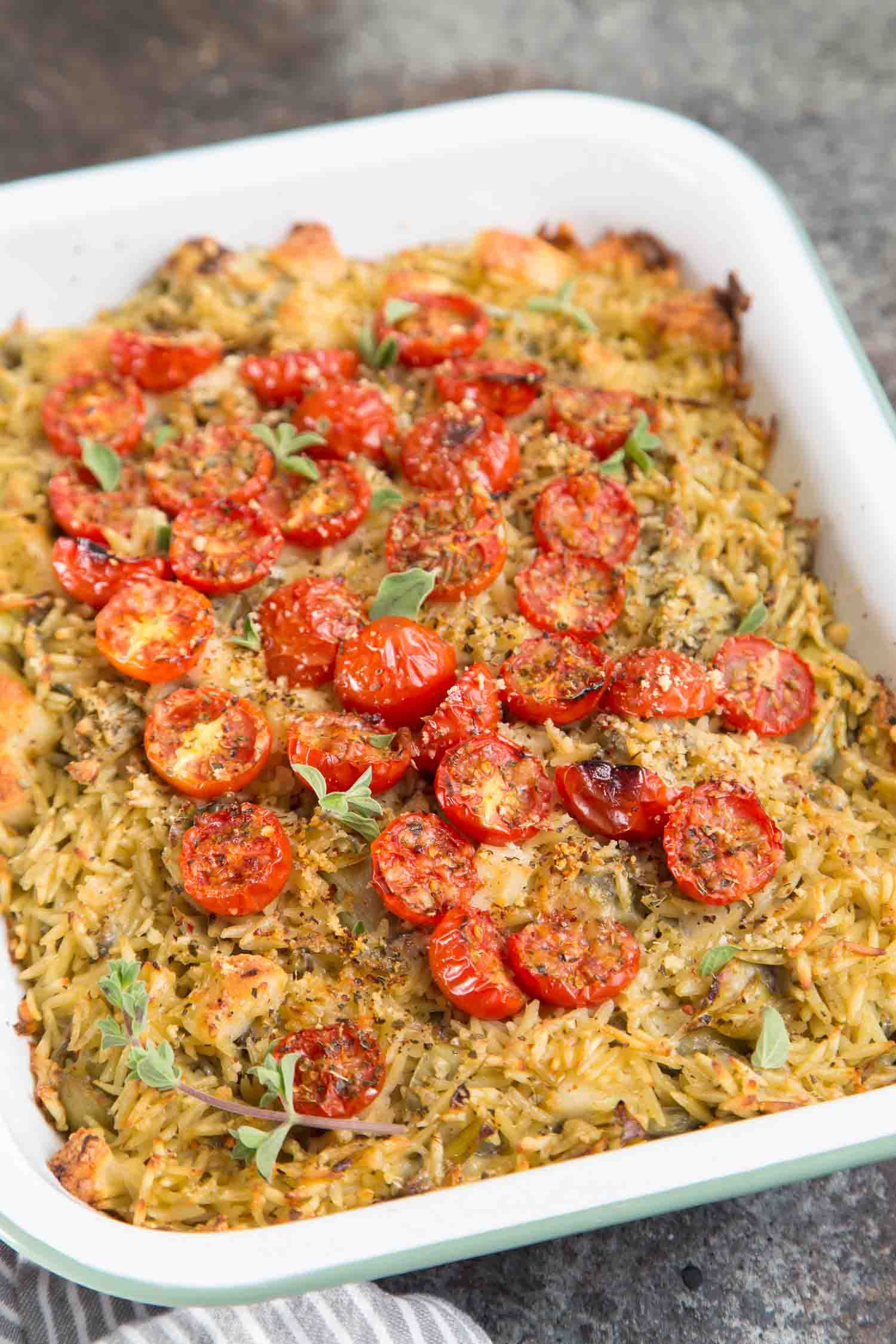 Baked Orzo with Artichokes, Tomatoes, and Halloumi