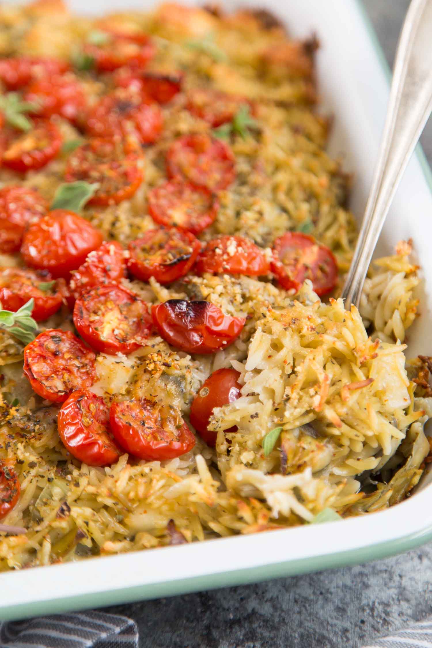 Baked Orzo with Artichokes, Tomatoes, and Halloumi