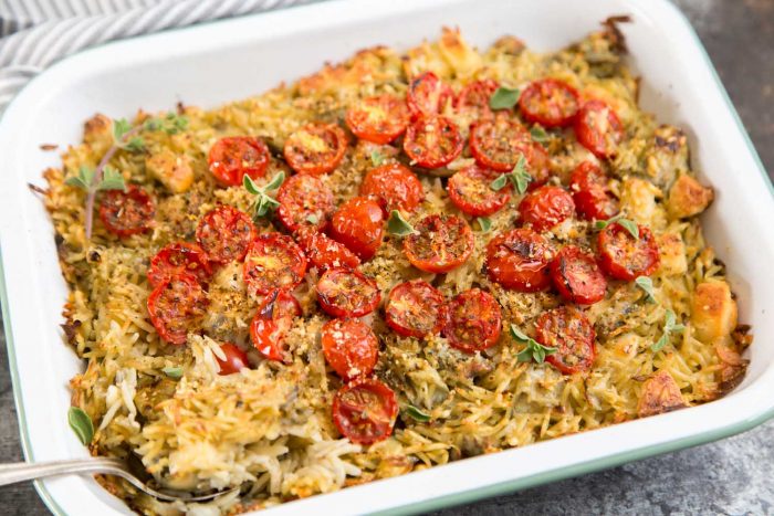 Baked Orzo with Artichokes, Tomatoes, and Halloumi