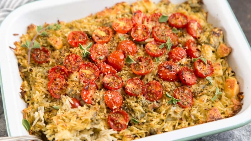 Baked Orzo with Artichokes, Tomatoes, and Halloumi