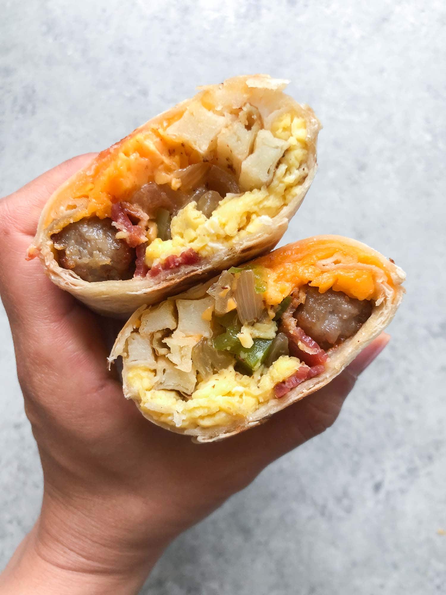 Sausage Bacon Breakfast Burritos with cheddar and fries (Make Ahead Frozen Breakfast Burritos)