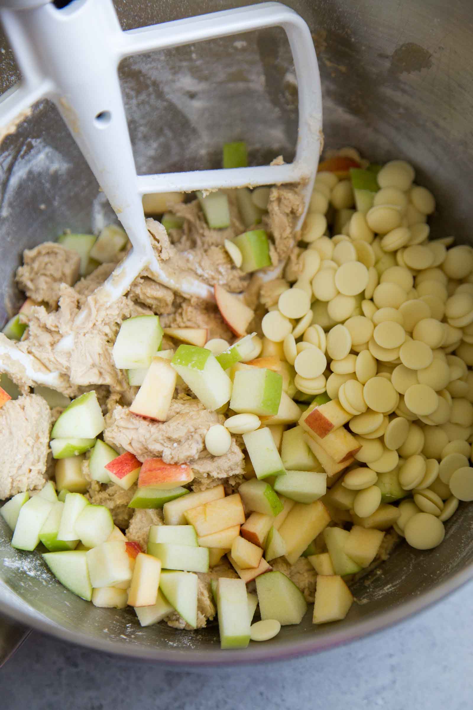 white chocolate chips and chopped apples ready to mix into blondie batter.