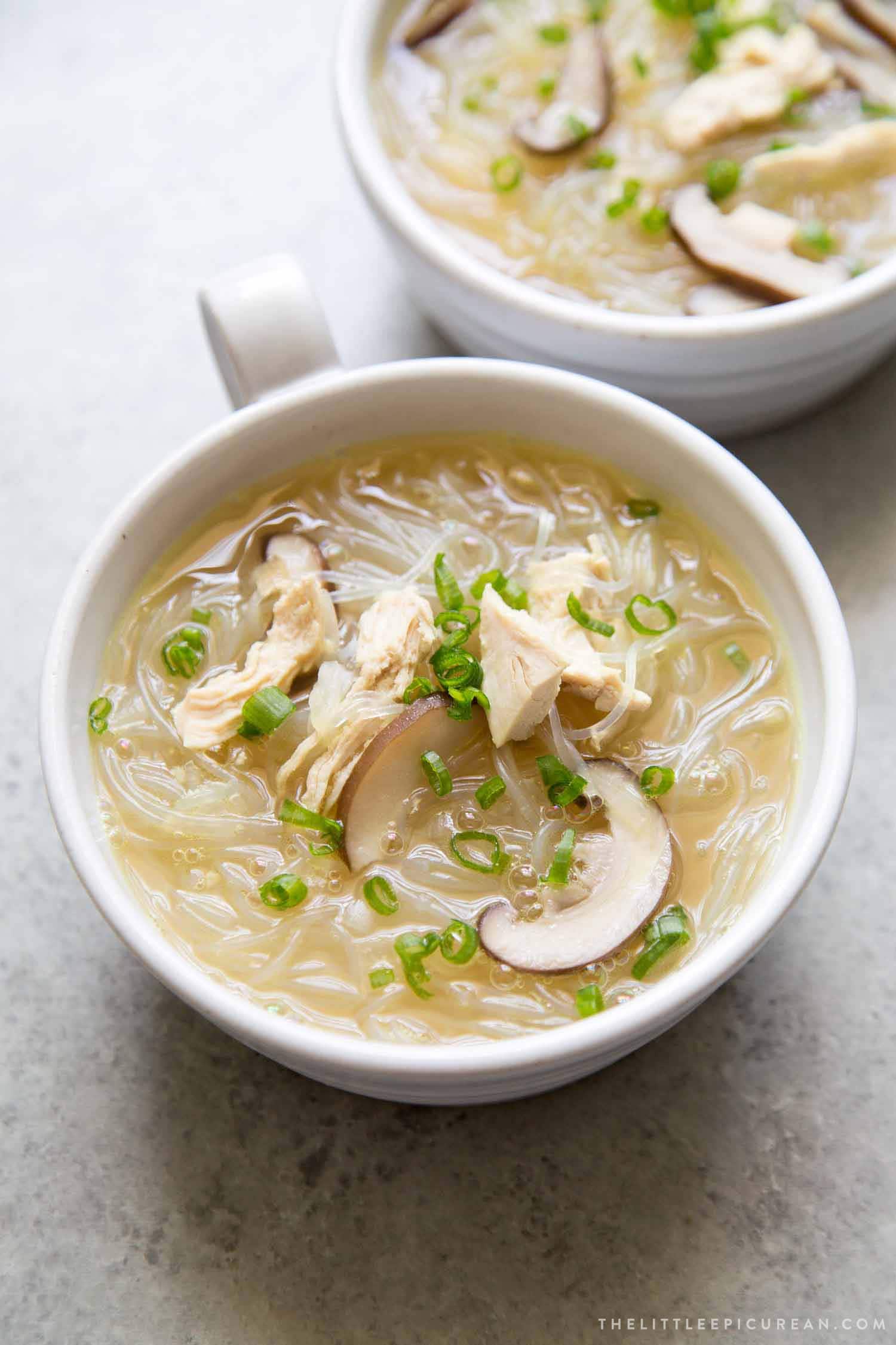 Chicken Sotanghon Soup in white bowl. 