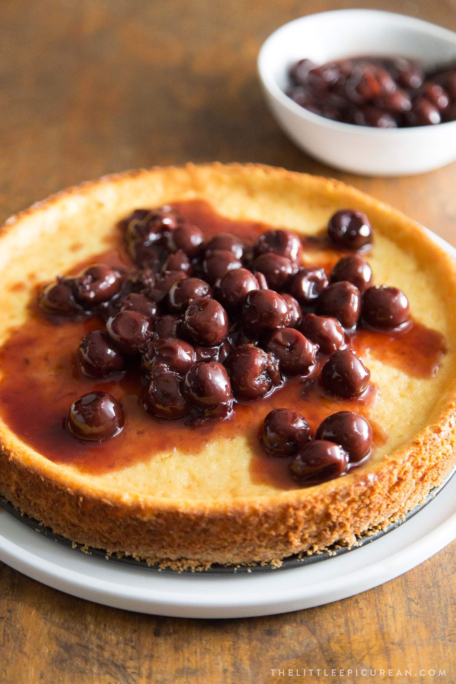 Ricotta cheesecake with brandied cherries topping