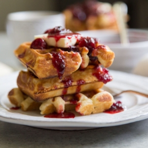 Spiced Buttermilk Waffles with Cranberry Maple Syrup