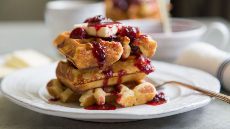 Spiced Buttermilk Waffles with Cranberry Maple Syrup