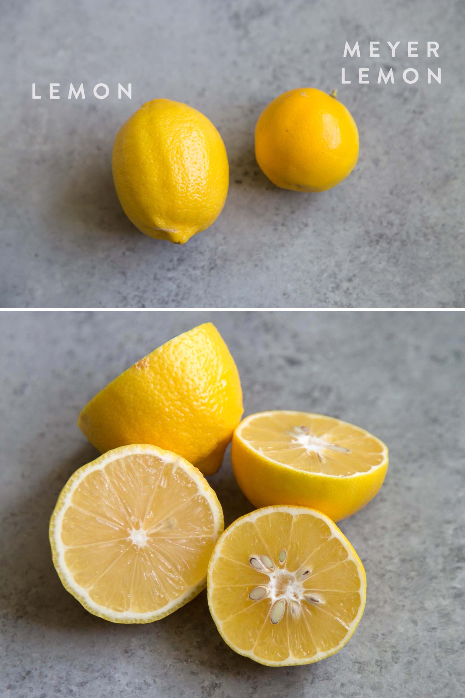 Visual differences between standard lemons and meyer lemons. 