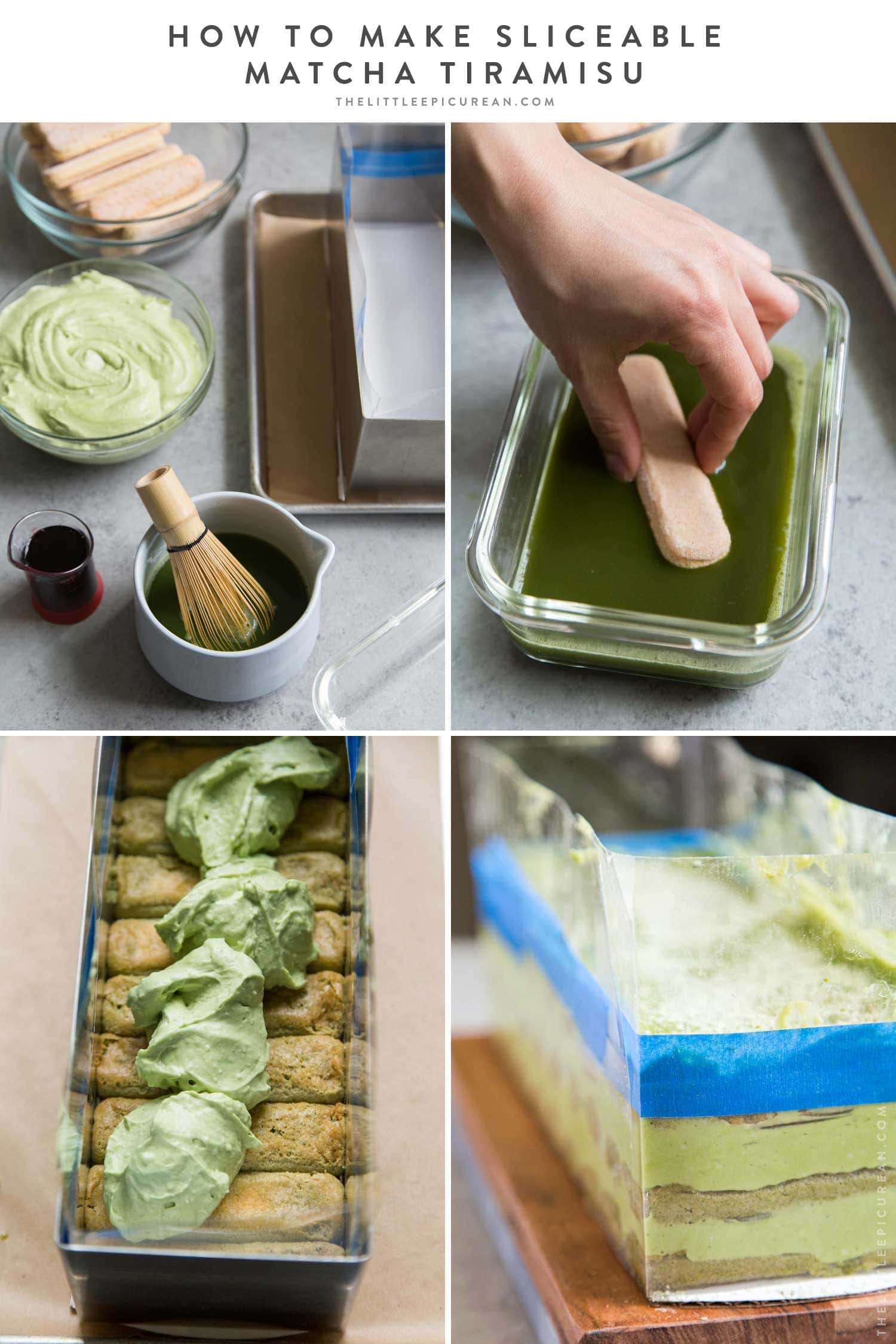 four images showing how to assemble matcha tiramisu cake. 