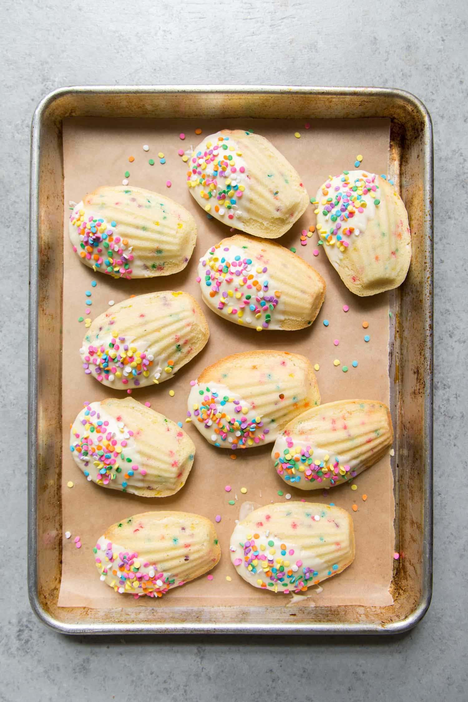 Chocolate dipped funfetti madeleines