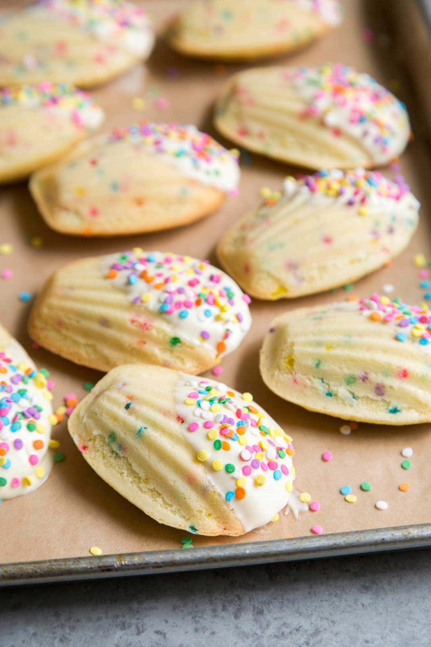 white chocolate dipped birthday funfetti cake madeleines