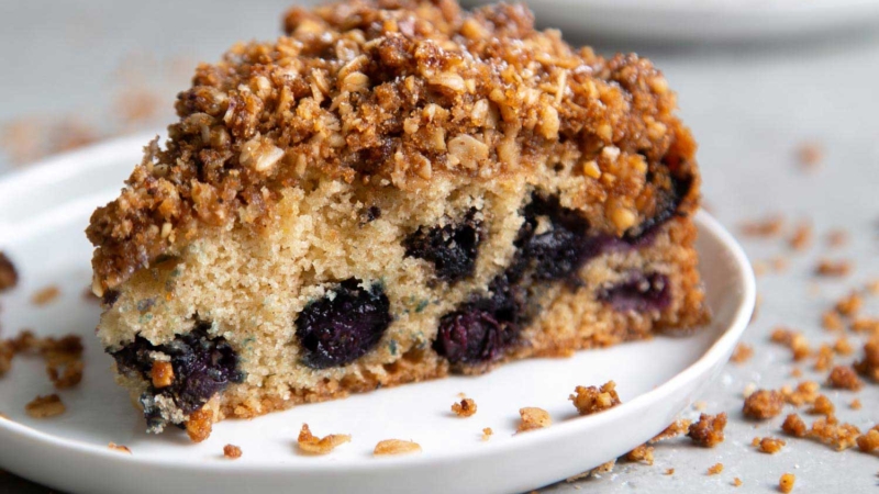 Blueberry Walnut Streusel Cake made with fresh blueberries topped with oat-walnut mixture