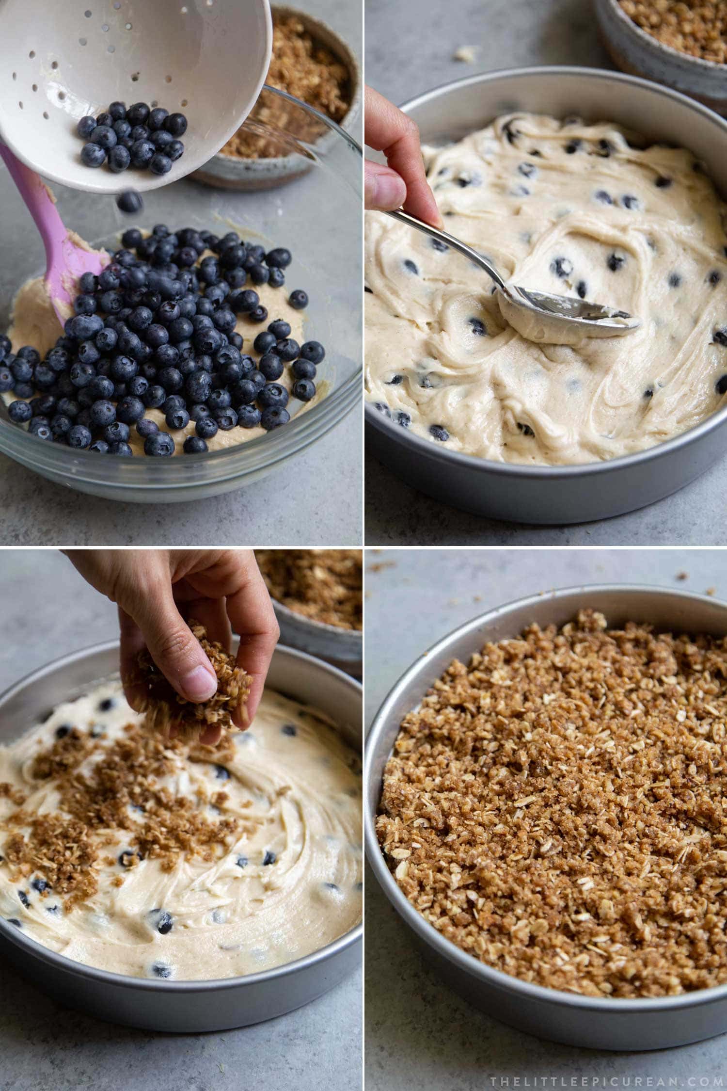 Step by Step instructions on how to make Blueberry Walnut Streusel Cake made with fresh blueberries topped with oat-walnut mixture