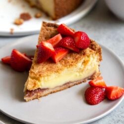 Basque Cake served with fresh strawberries. Basque cake is a buttery cake with a pastry cream filling.