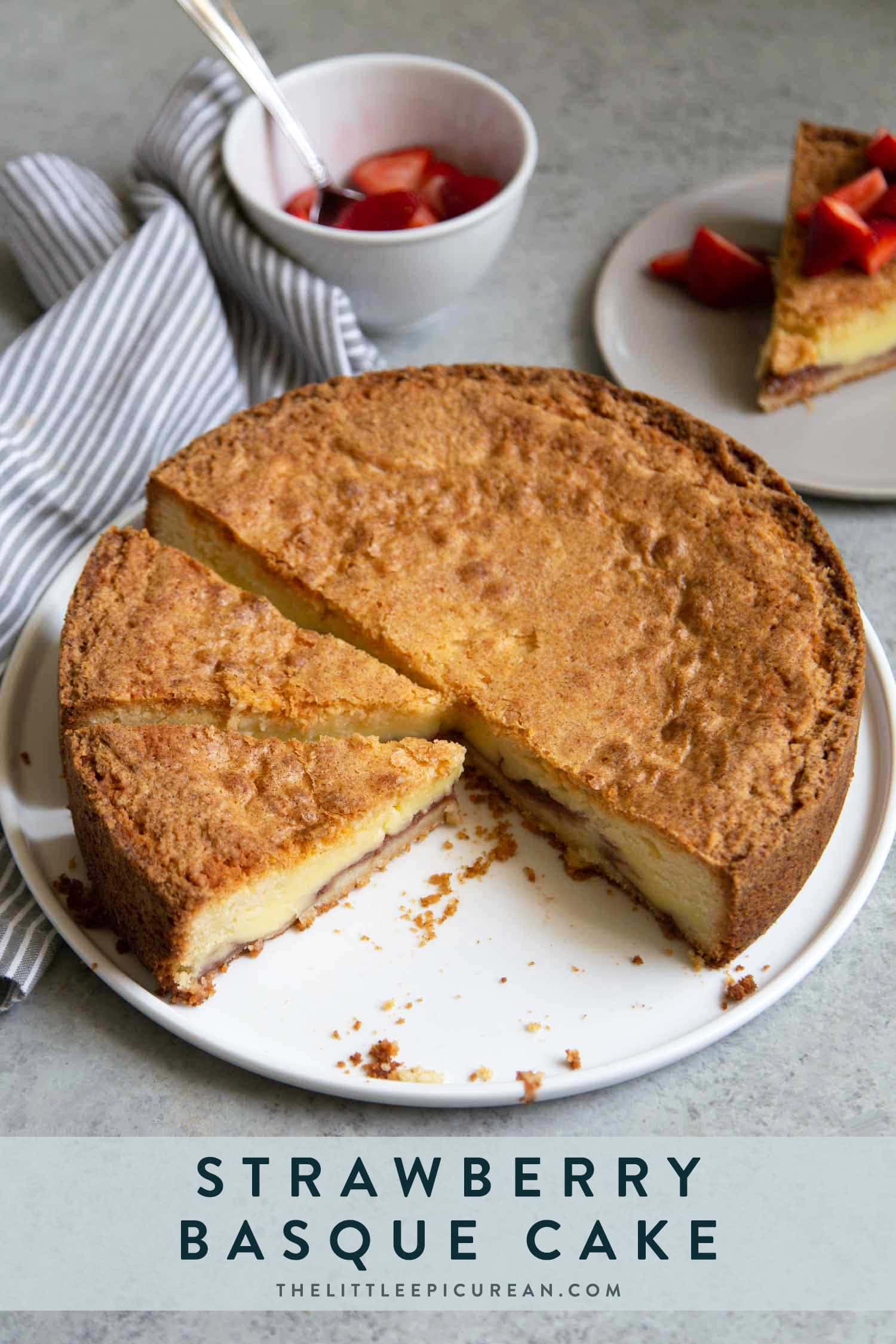 Strawberry Basque Cake. Buttery cake filled with strawberry jam and pastry cream.