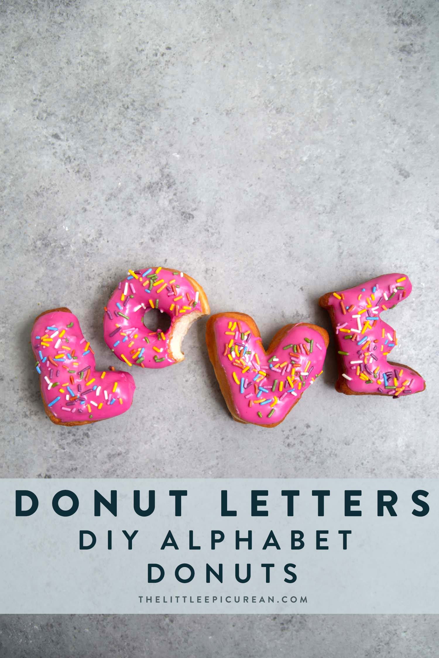 Letter Donuts with pink glaze and rainbow sprinkles. Send your loved ones using donuts!