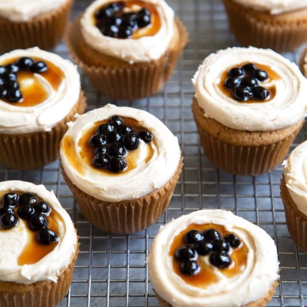 Boba Tea Cupcakes. Milk tea cupcakes filled with brown sugar boba and frosted with milk tea buttercream.