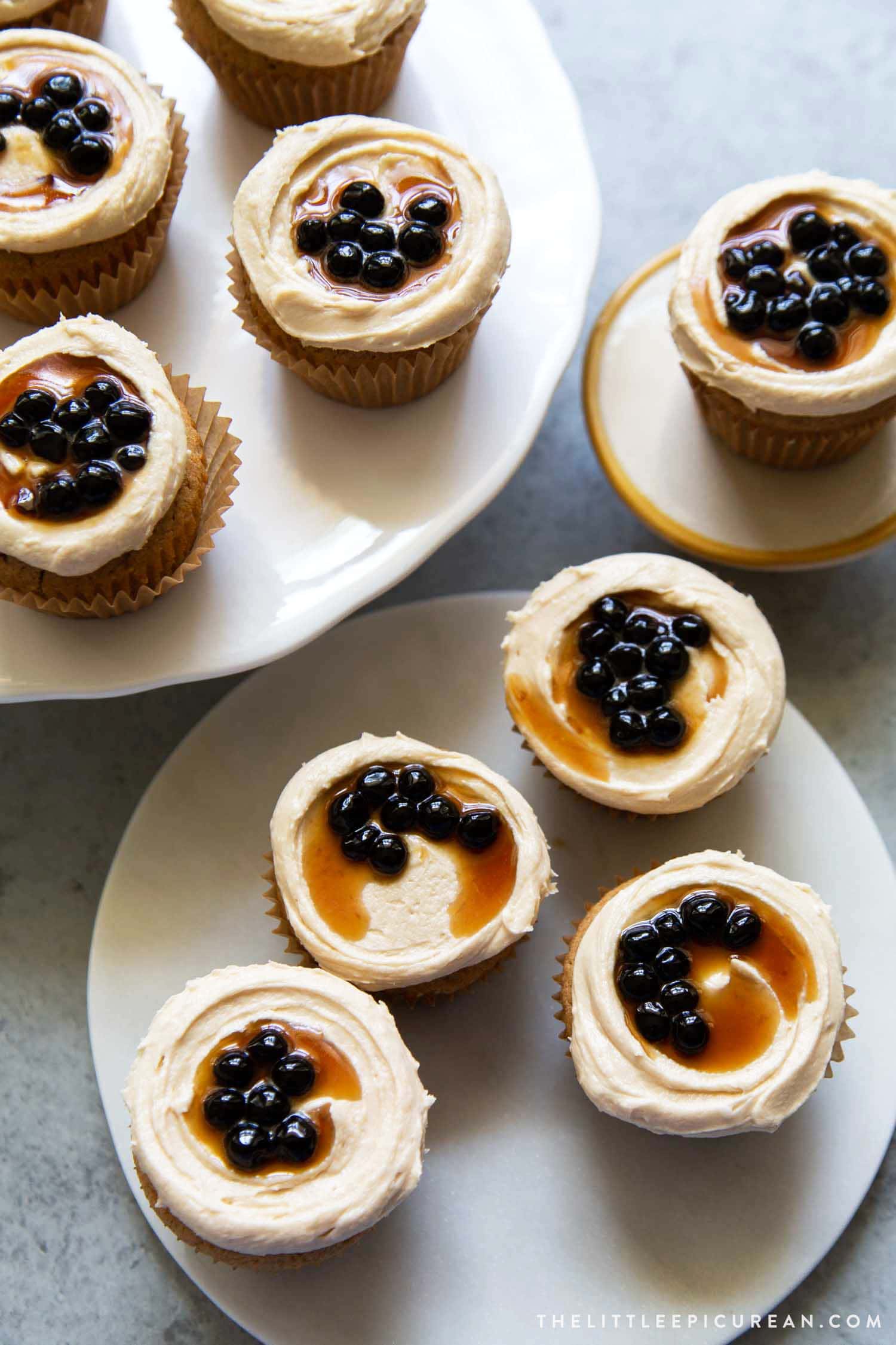 Boba Tea Cupcakes. Milk tea cupcakes filled with brown sugar boba and frosted with milk tea buttercream.