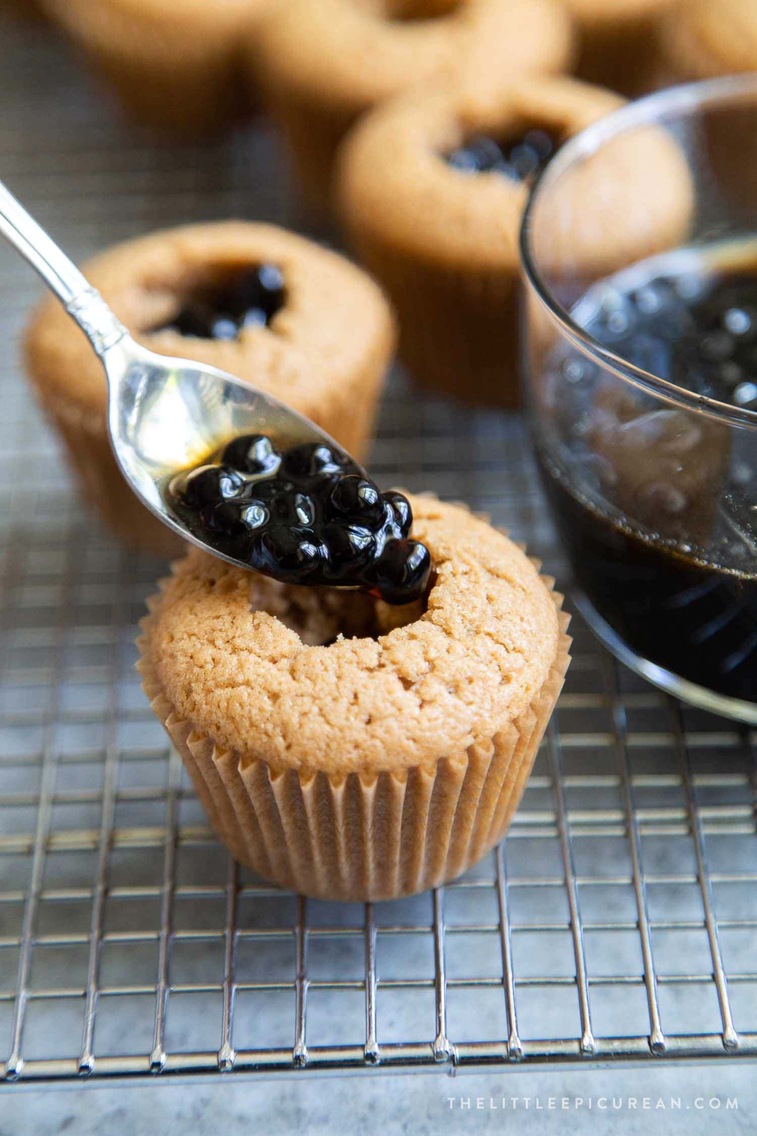 Milk Tea Cupcakes filled with warm brown sugar boba tapioca pearls