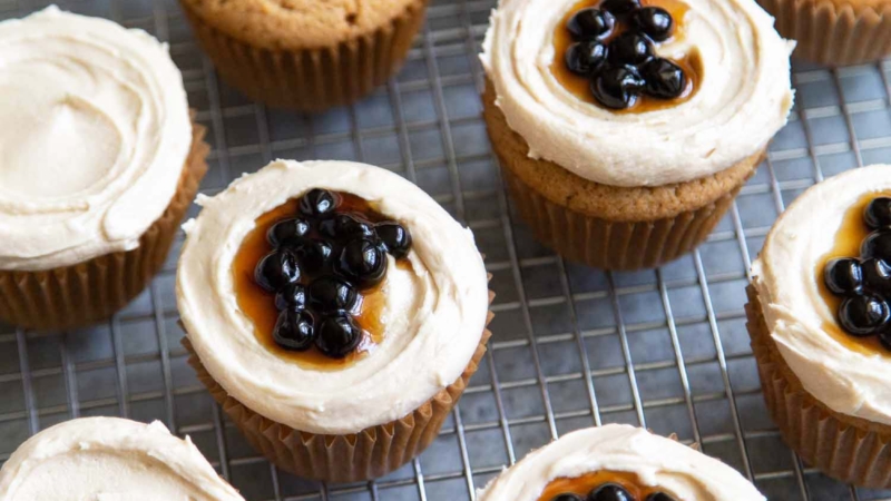 Boba Tea Cupcakes. Milk tea cupcakes filled with brown sugar boba and frosted with milk tea buttercream.