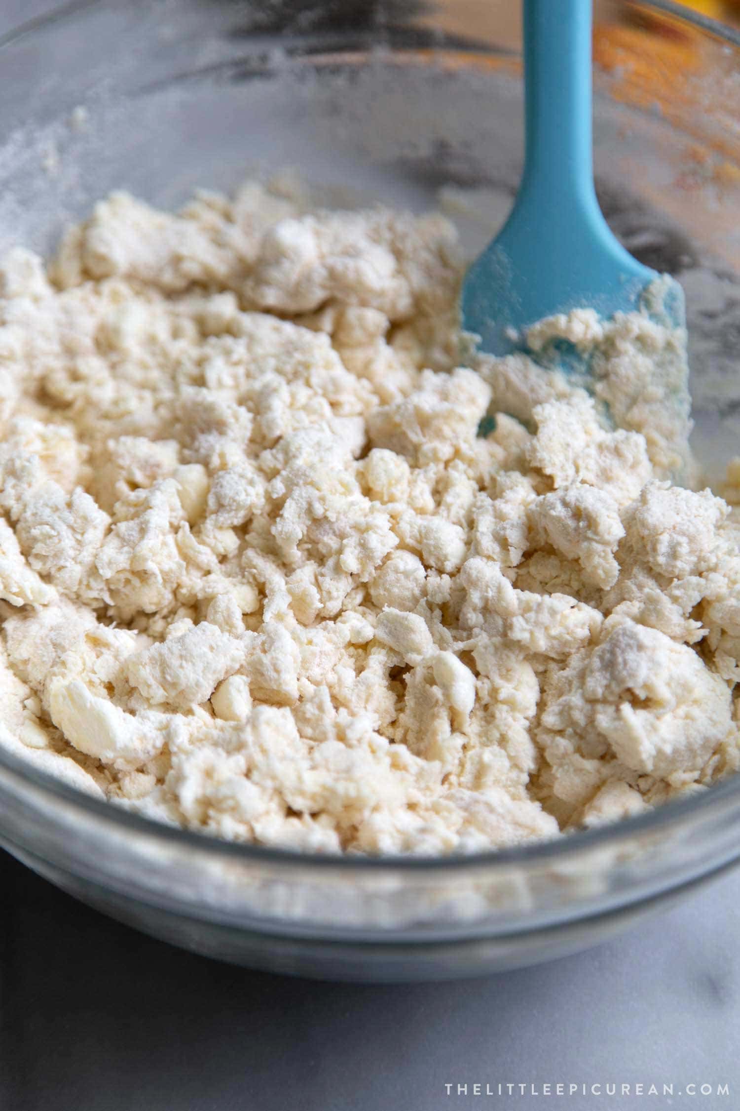 Brown Butter Peach Scones. "Shaggy Mess" stage of scone dough making. 