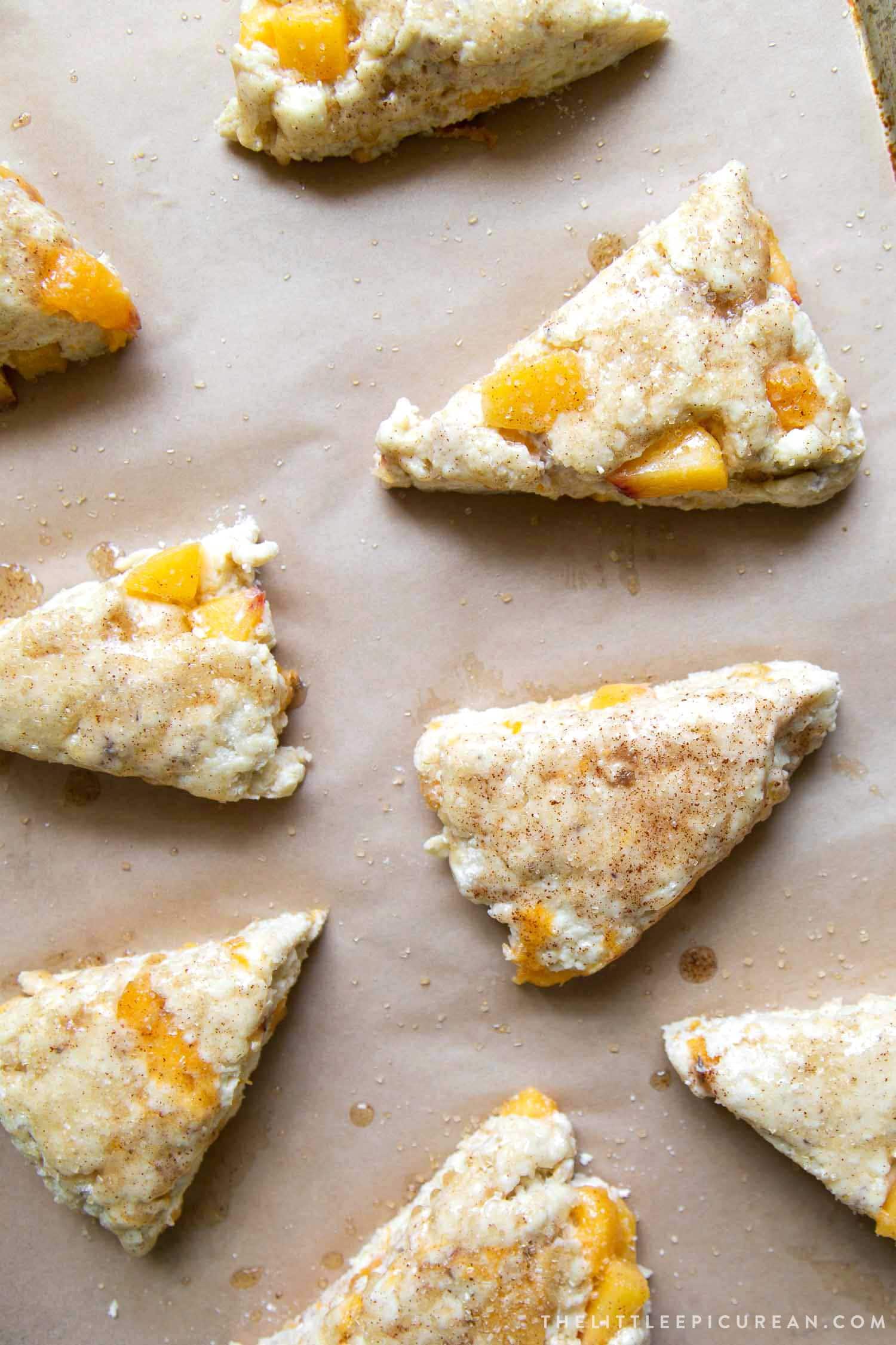 Brown butter glazed peach scones ready for the oven