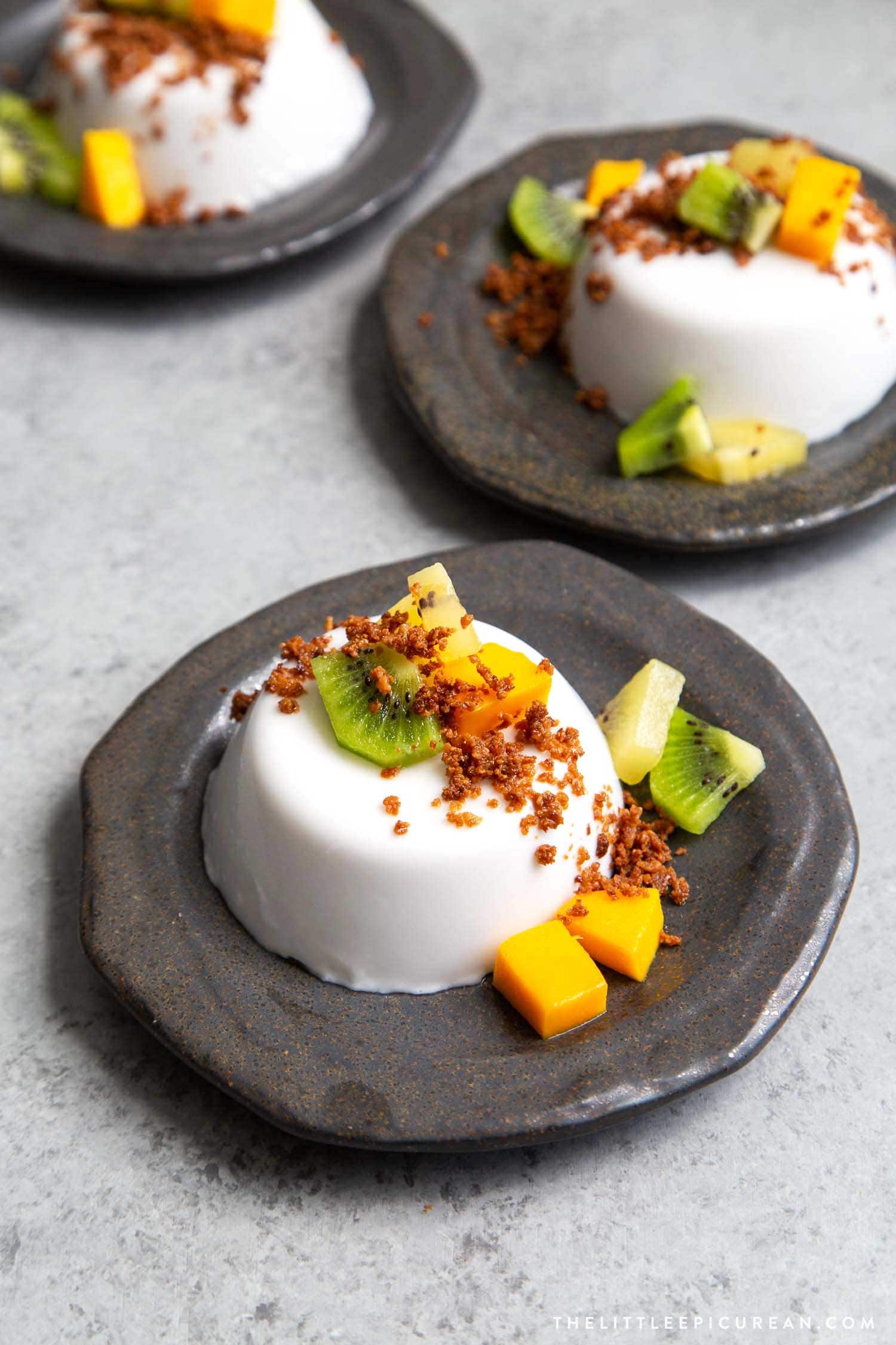 Coconut Panna Cotta served with latik and fresh fruits. Latik is from the Philippines. It is fried coconut milk curds.