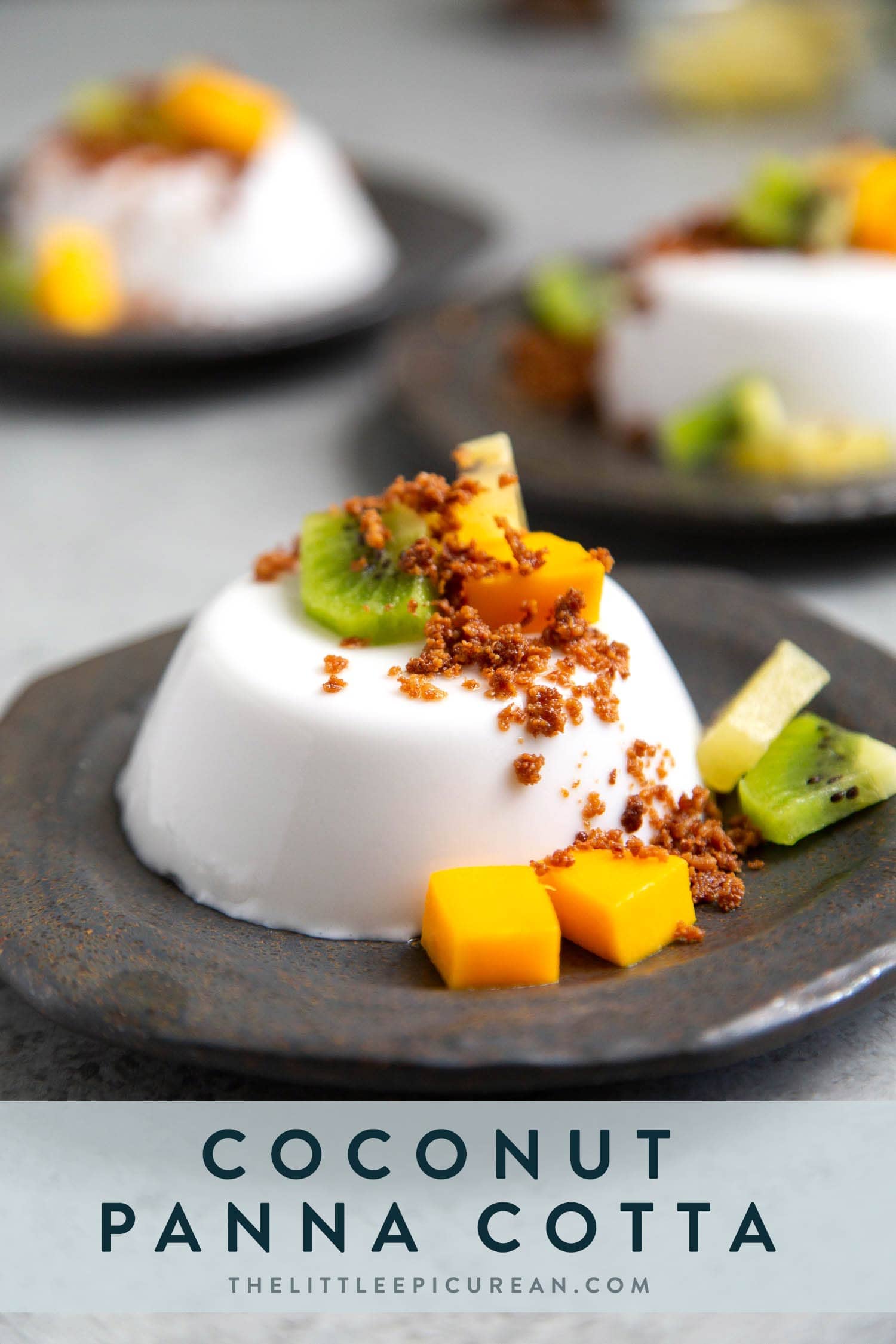 Coconut Panna Cotta served with latik and fresh fruits. Latik is from the Philippines. It is fried coconut milk curds.