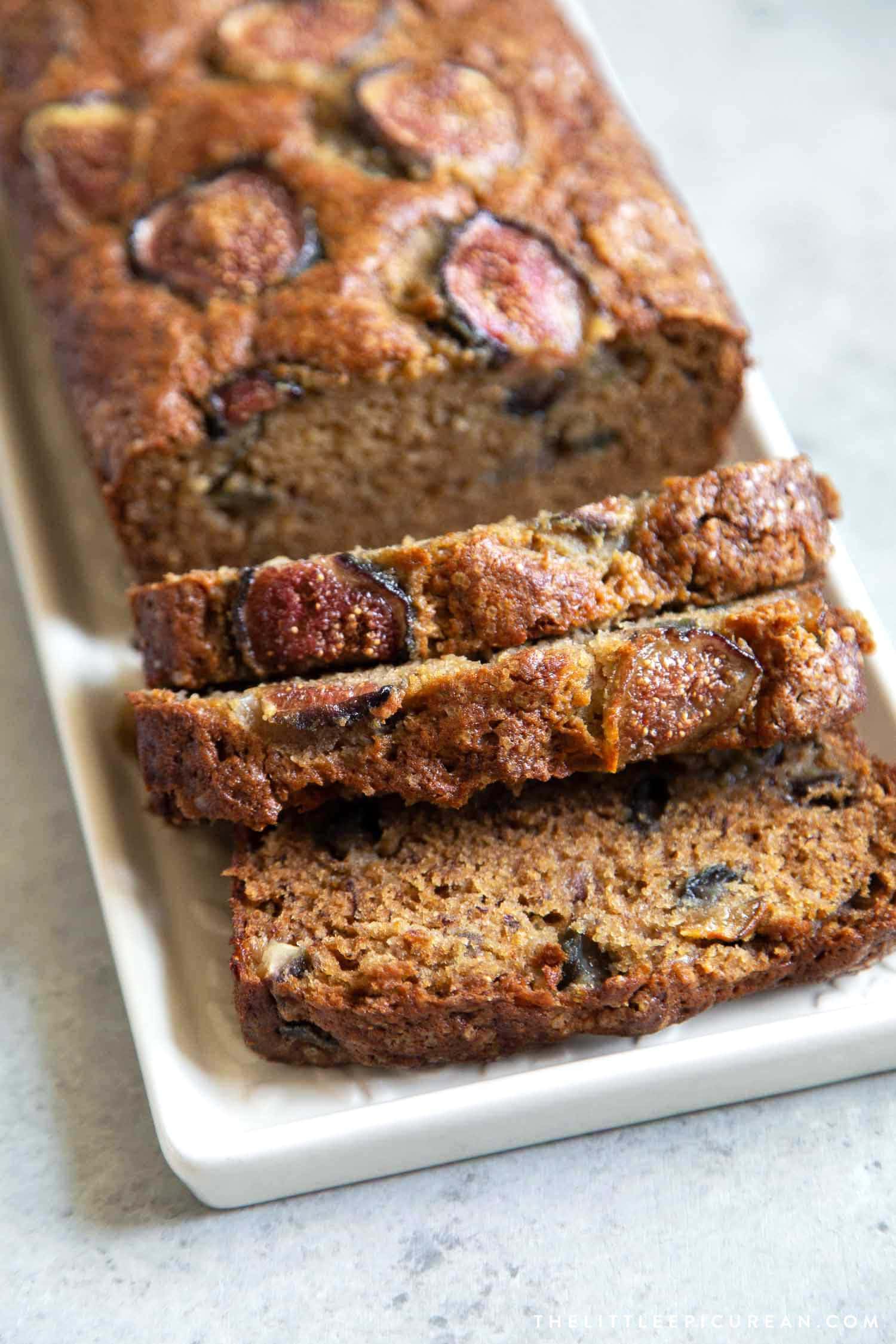 Brown sugar banana bread mixed with chopped figs in the batter and sliced figs on top to garnish. 