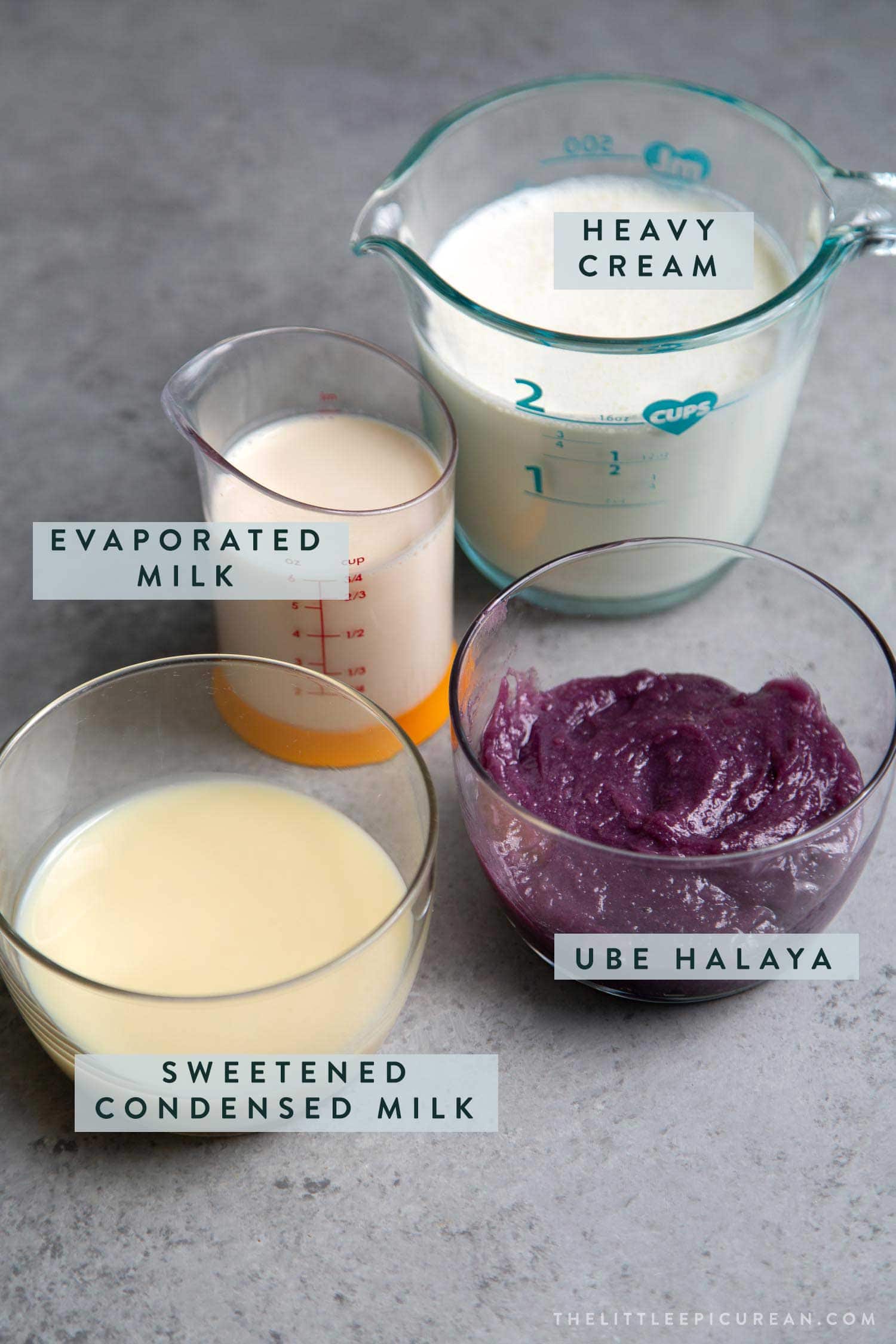 Ingredients needs for no churn ube (purple yam) ice cream.