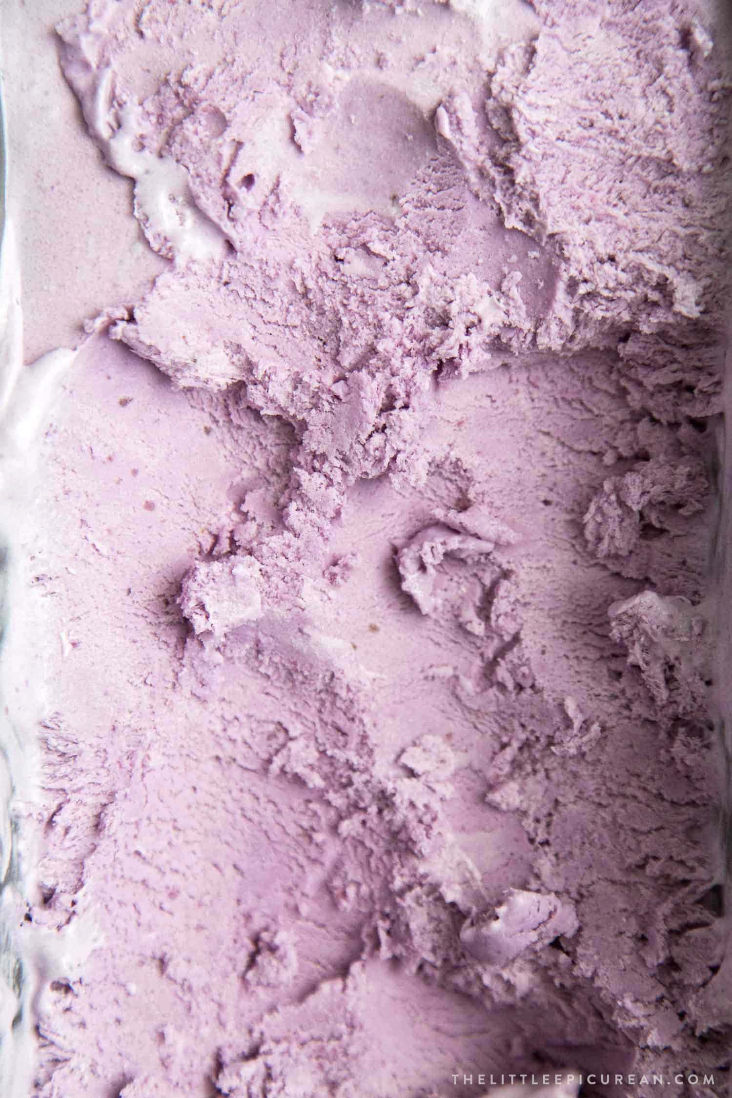 close up of ube ice cream showing texture and color.