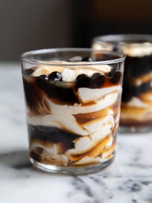 Taho. Layered sweet dessert consisting of silken tofu, arnibal, and tapioca balls