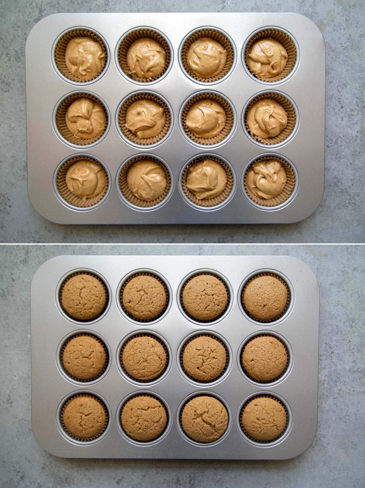 Milk tea cupcake batter before and after baking. This recipe makes one dozen Boba Tea Cupcakes.