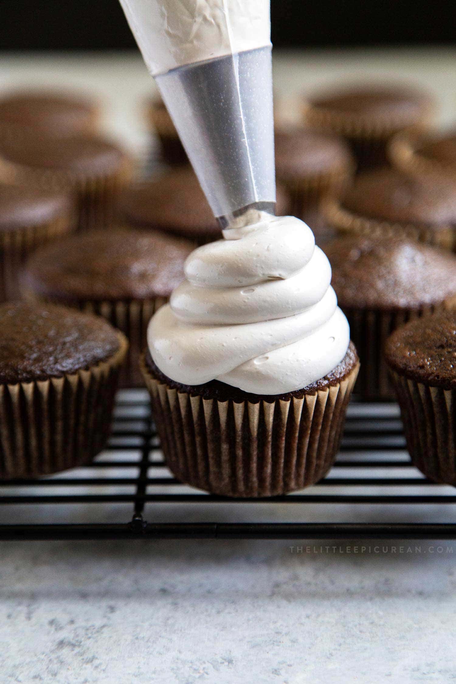 Almond Mocha Hi-Hat Cupcakes. Chocolate cupcakes topped with espresso meringue. 