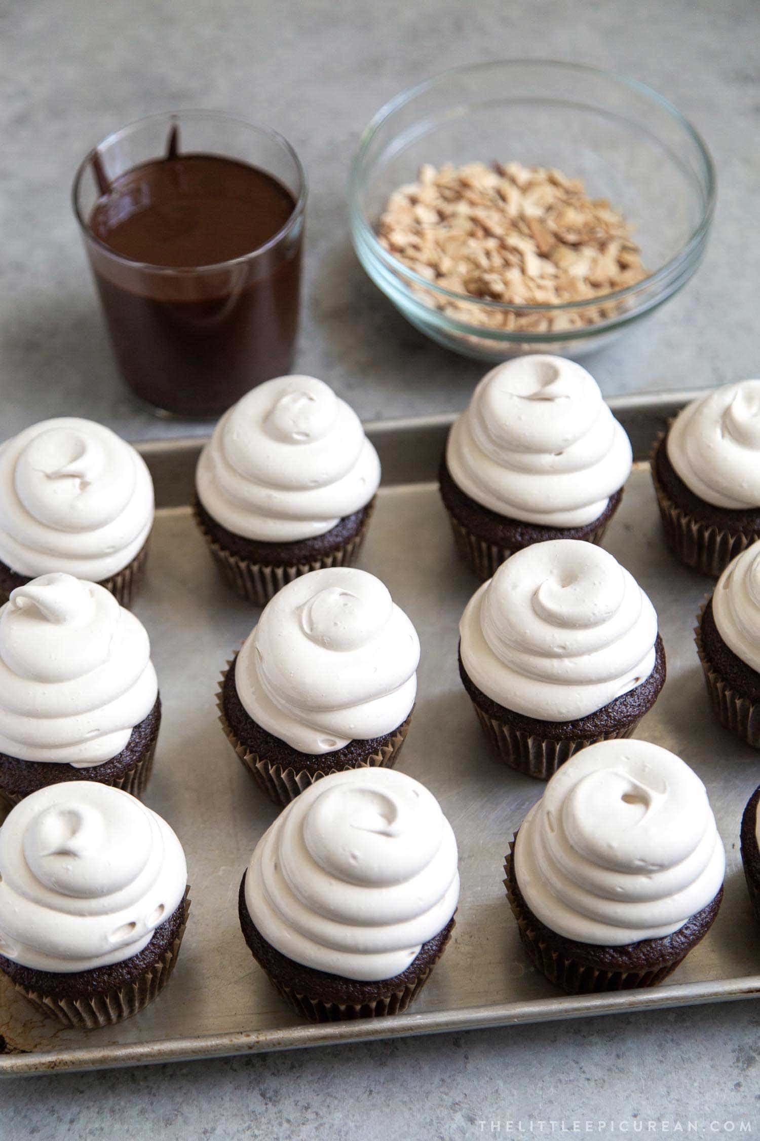 Almond Mocha Hi-Hat Cupcakes. Chocolate cupcakes topped with espresso meringue. 
