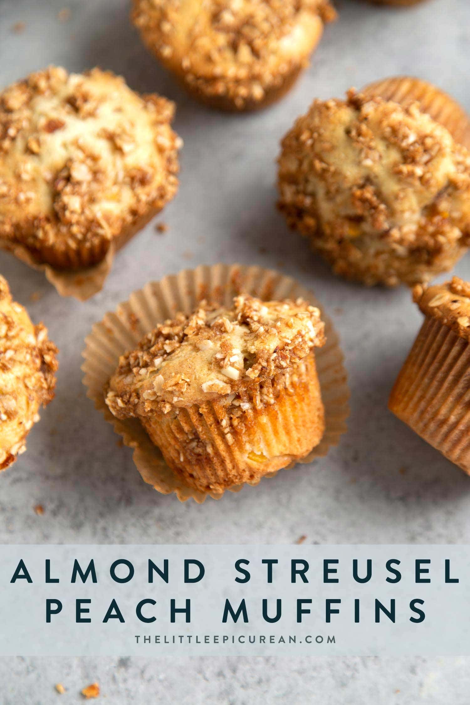 Almond Streusel Peach Muffins. Vanilla muffins mixed with fresh peaches and topped with almond streusel crumble.