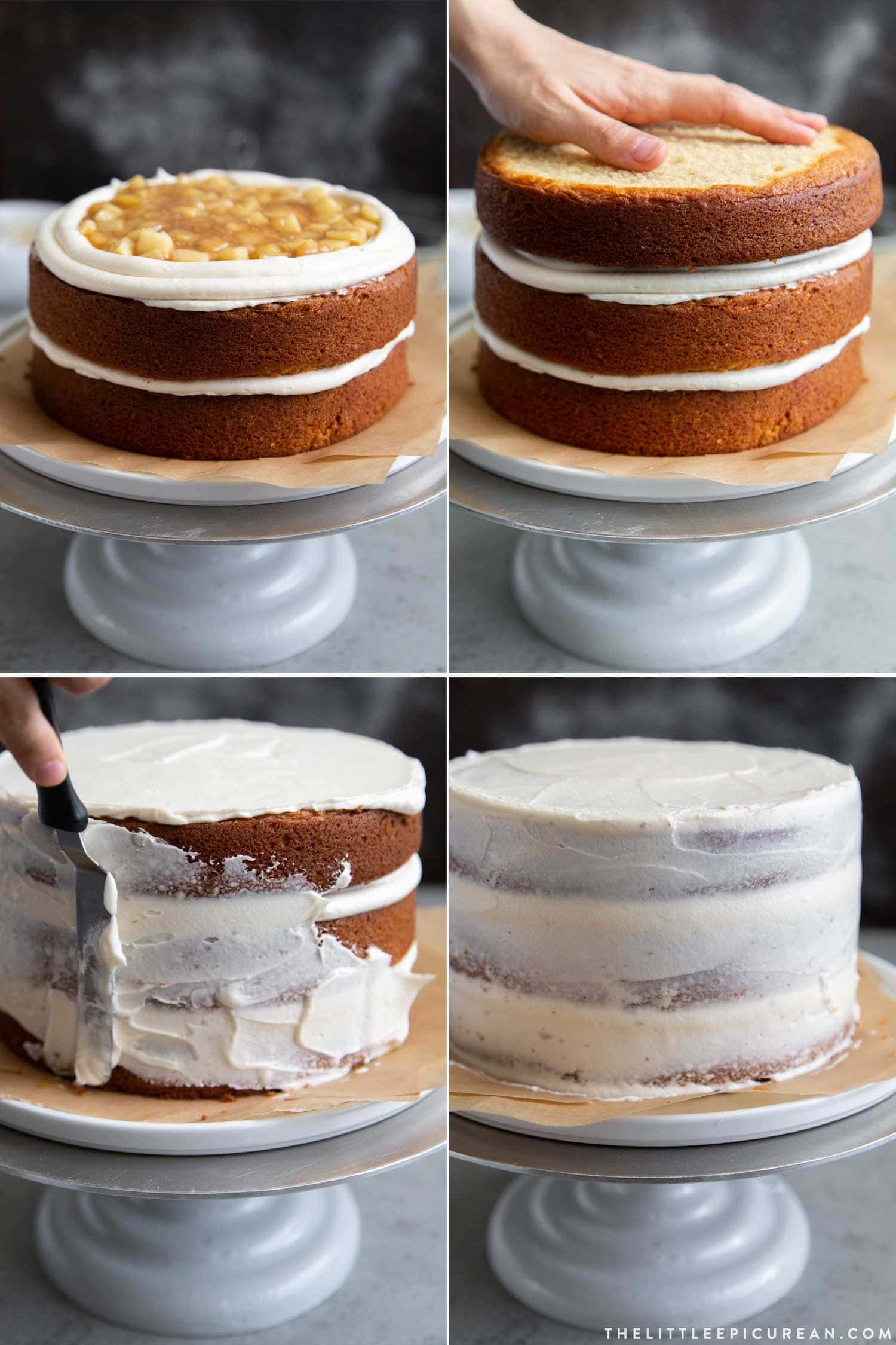 four steps how to fill and assemble apple cider cake. 