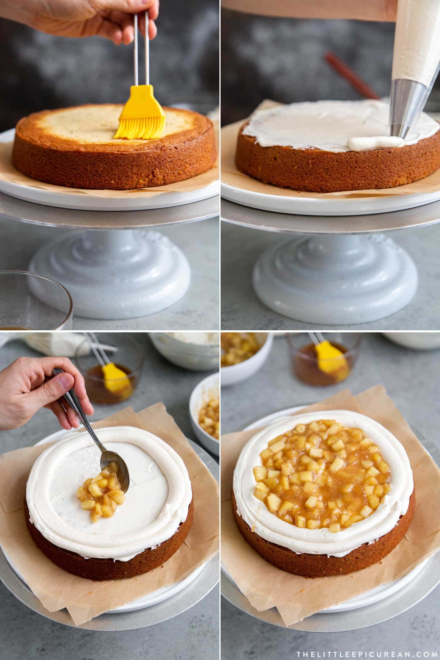 four steps showing up to assemble apple cider cake. 