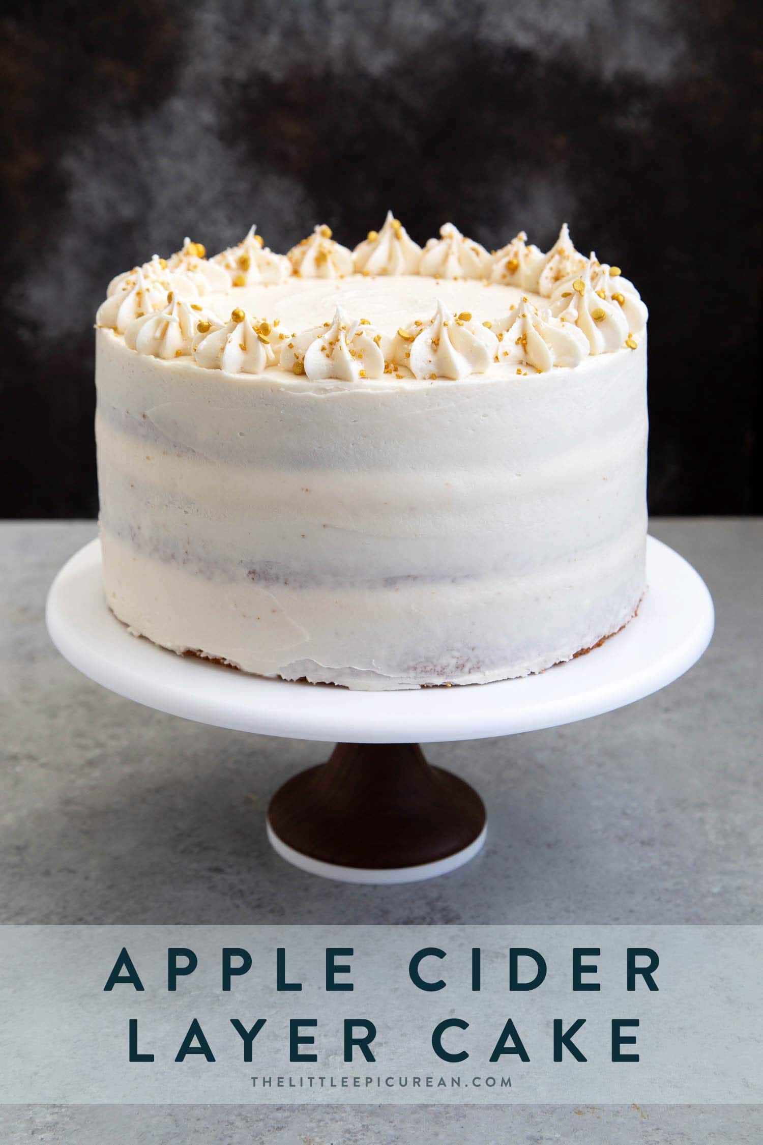 Apple Cider Layer Cake. Yellow cake flavored with apple cider. Layered cake is filled with cooked apples and frosted with apple cider buttercream.