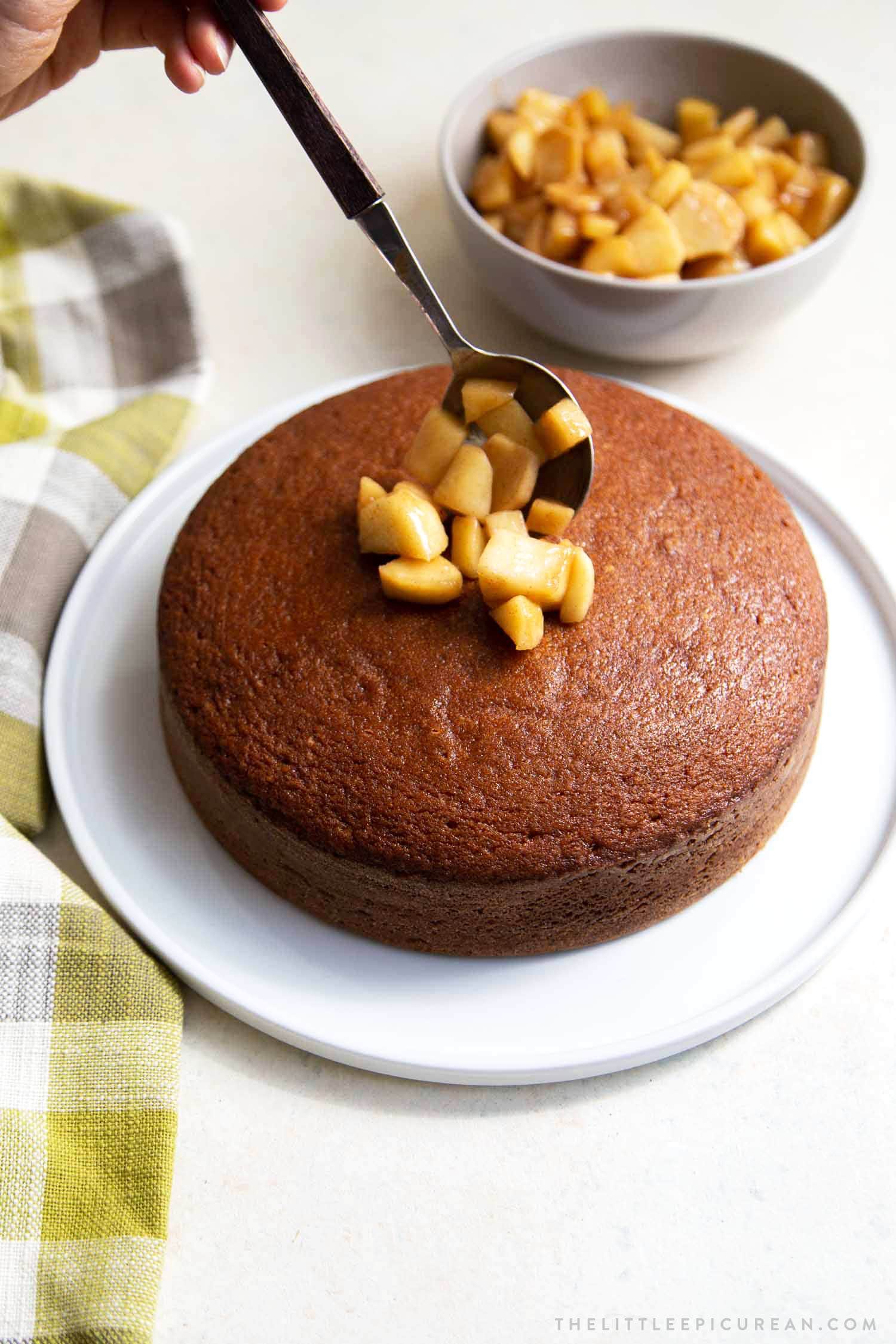 Ginger cake topped with ginger spiced apples and caramel