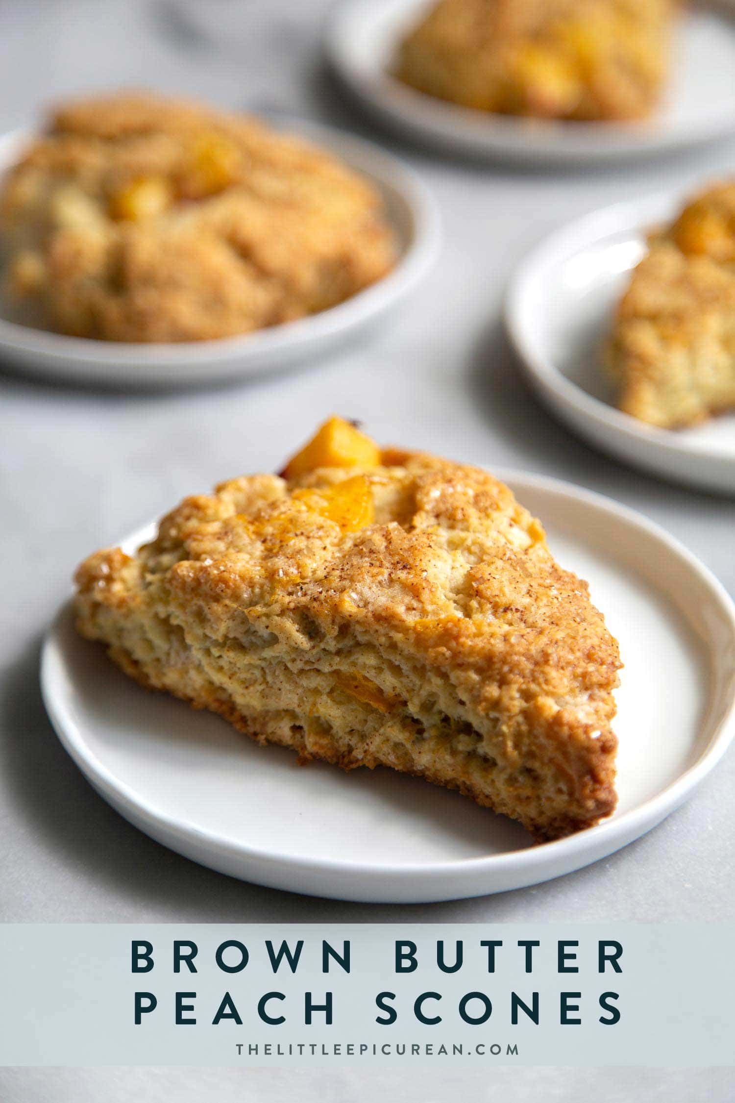 Brown Butter Peach Scones. These easy to make summer scones are made with fresh peach chunks and brushed with nutty brown butter.