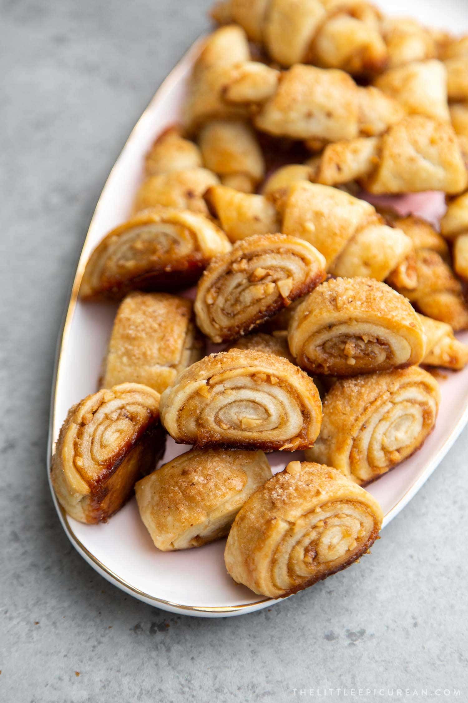 Guava Rugelach. This part cookie, part pastry baked treat is filled with guava jam and chopped walnuts.