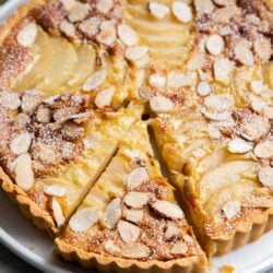 Pear Frangipane Tart. Buttery shortbread crust baked with almond frangipane filling and sliced pears.