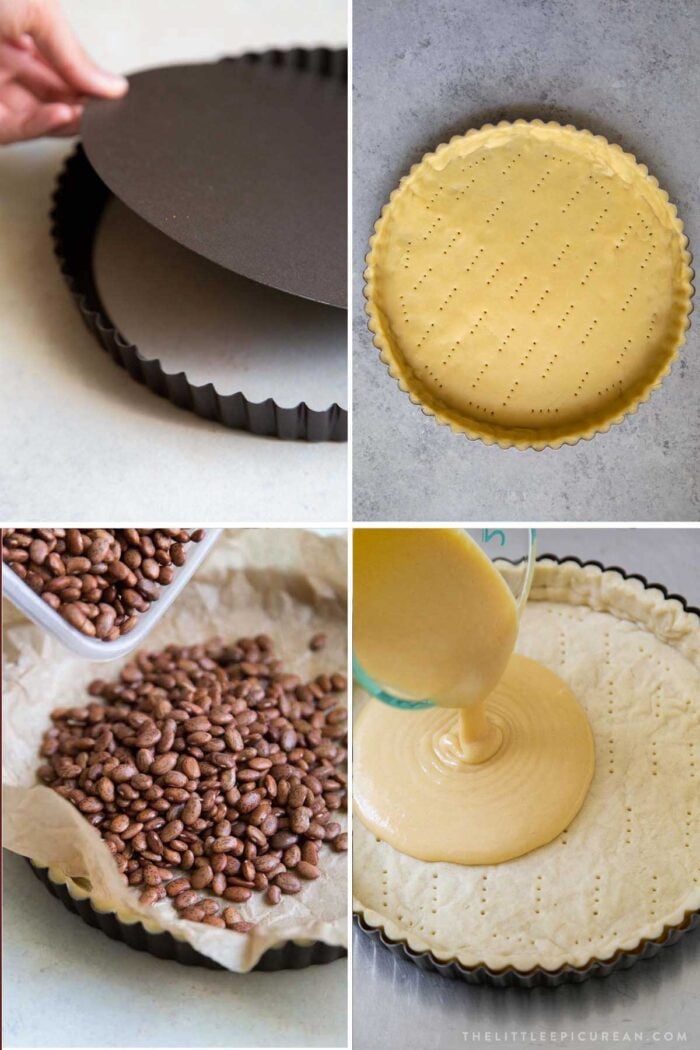 Pear Frangipane Tart requires par-baking of the crust before adding the almond frangipane filling.